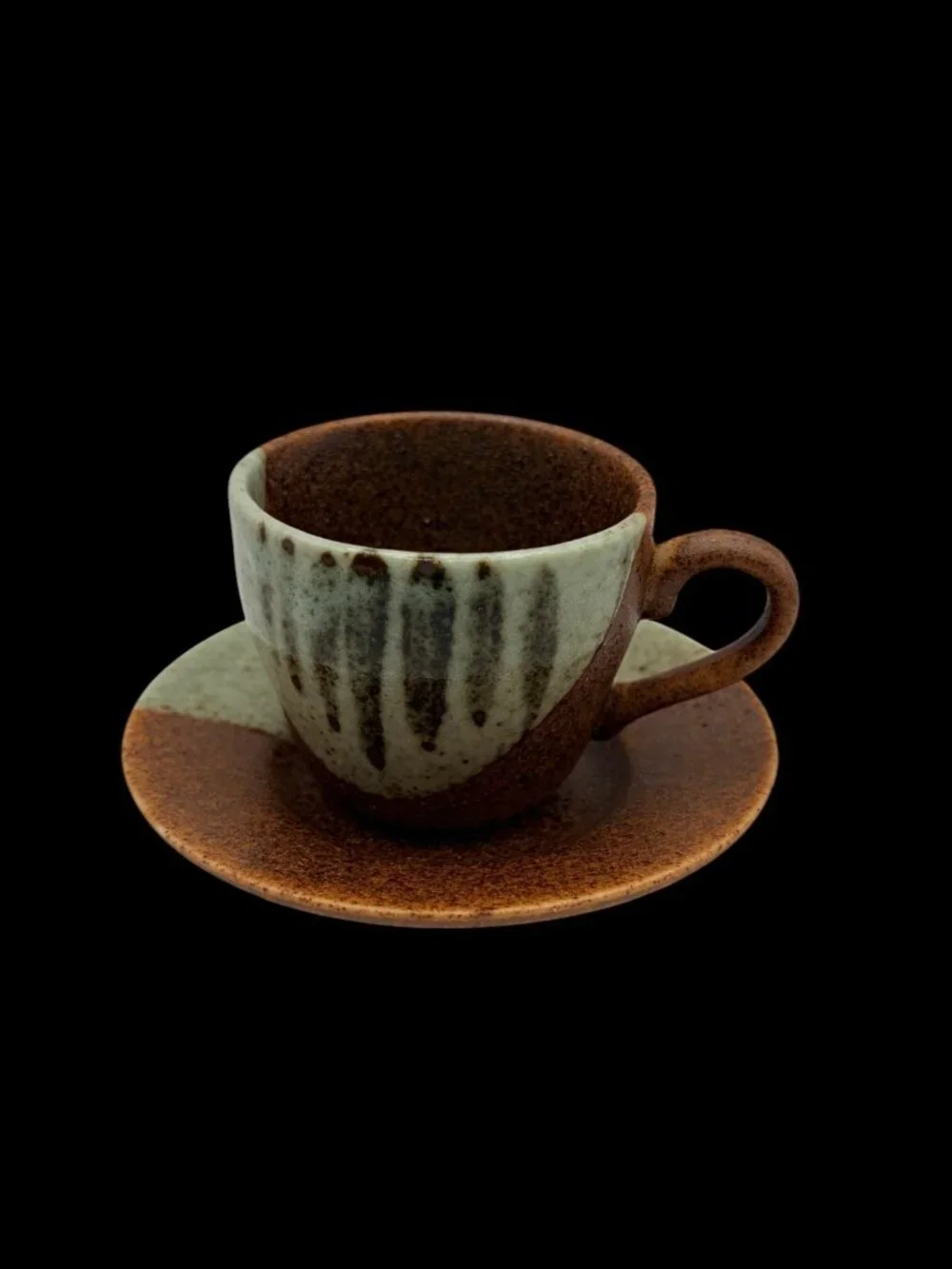 Studio Pottery Espresso Cup & Saucer Brown Sage Drip Glaze
